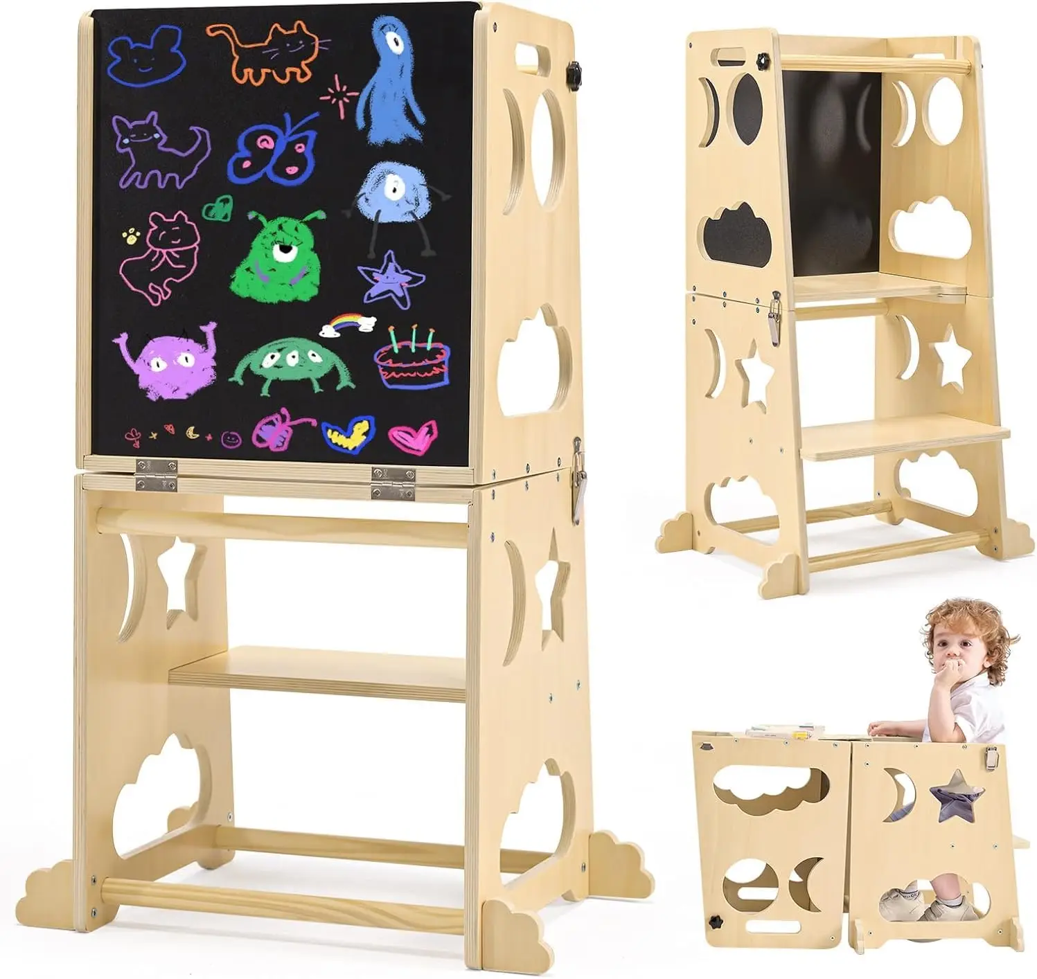 Foldable Toddler Kitchen Tower, Baby Montessori Kitchen Helper with Safety Rail, Kid Wooden Learning Tower Adjustable Step Stool