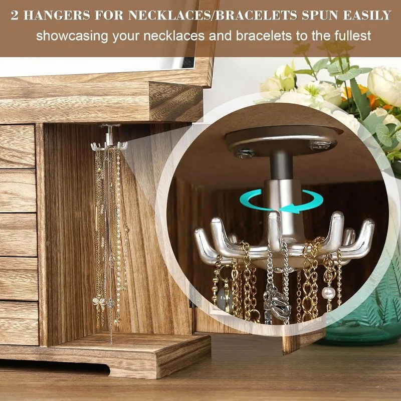 صندوق مجوهرات خشبي ريترو حلقة أقراط صناديق تخزين مرآة القلائد الكبيرة سوار عرض لوازم تغليف المجوهرات