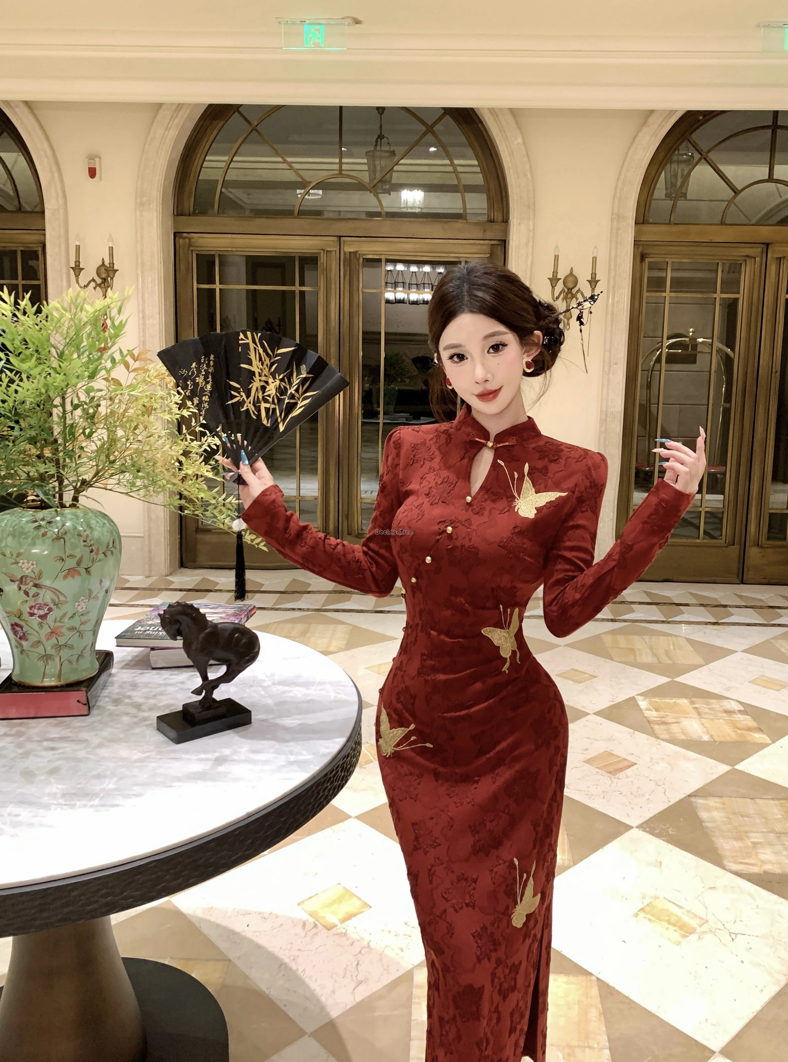 

2025 new chinese retro fashion style improved cheongsam women printed long-sleeve jacquard knitted printed slimming qipao dress
