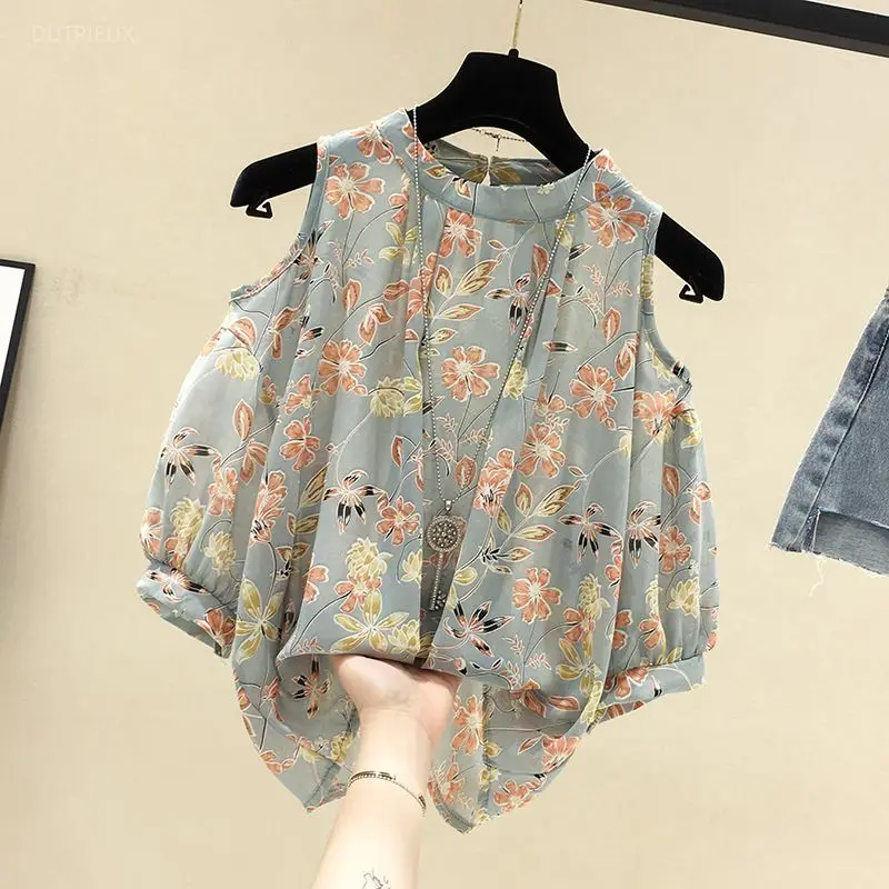 Blusas de Moda para Mujer, Blusas de Gasa con Estampado Floral, Camisas de Verano 2025, Blusas Mujer de Moda, Manga Corta, Hombros Descubiertos, Blusa Holgada, Tops Femeninos