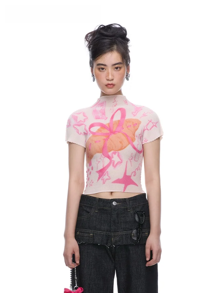 

MOF Girl Pleated Shirt Knot Bread Pleated Shirt T-Shirt Slimming Tight Spicy Girl Print Short Sleeve Half High Collar