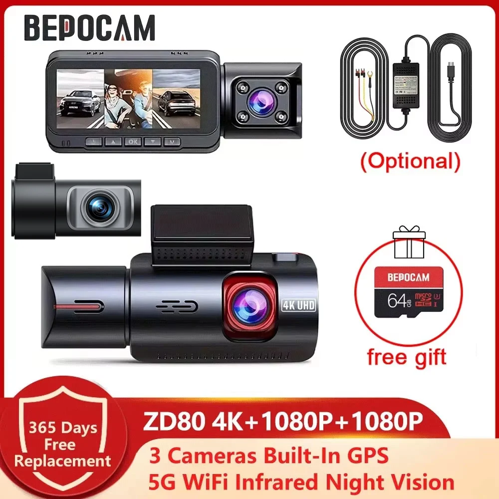 BEPOCAM – caméra de tableau de bord 3 canaux, 4K + 1K + 1K, GPS intégré, 5GhzWifi, 170FOV, écran IPS 3.19 pouces, DVR, Vision nocturne, moniteur de stationnement 24H, ZD80A
