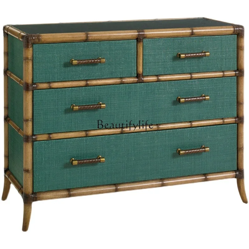 

FG44American Country Rattan Bamboo Joint American Solid Wood Chest of Drawers Southeast Asia Distressed Carved Storage Cabinet