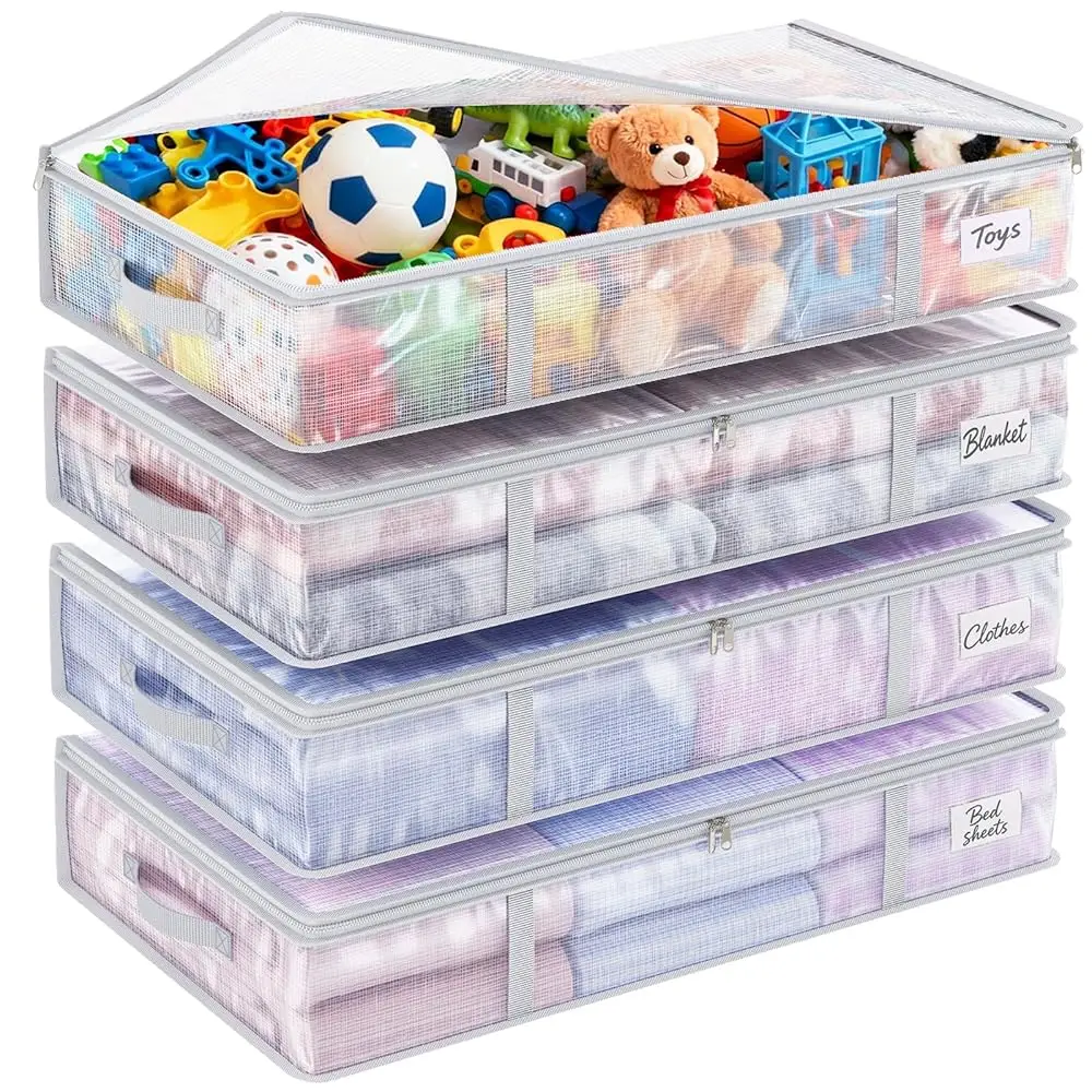 4pcs 90L Under Bed Storage Containers Bins Clear Closet Underbed Organizers and Storage for Blanket, Clothing, Sweaters, Pil