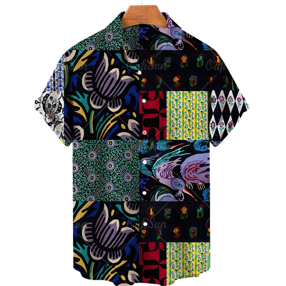 2022 Men's Hawaiian Shirt Ethnic Pattern Patchwork Top Casual One Button Short Sleeve Versatile Printed Large Size Shirts y2k 3