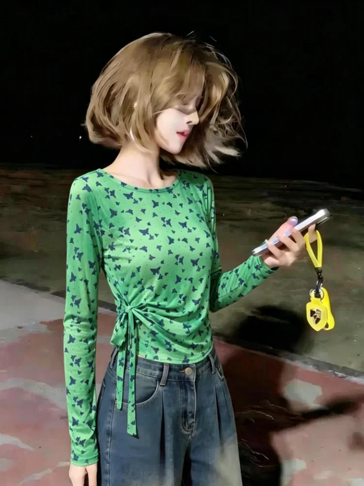 

Green Print Long Sleeve Mesh T-Shirt Women's Summer New Side Waist Cinch Tie Top Korean Style Slim Fit round Neck