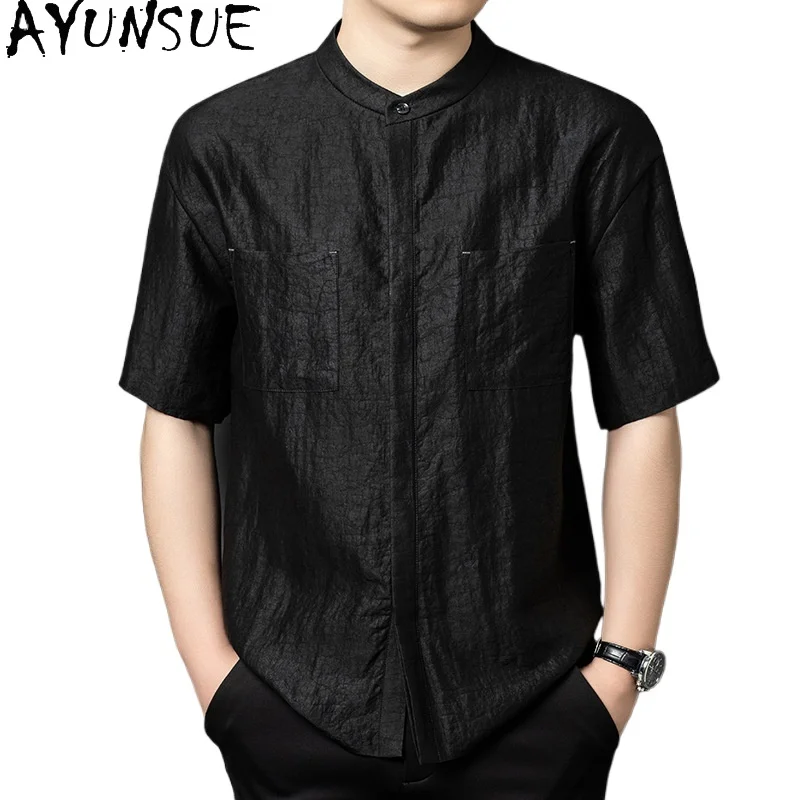 

AYUNSUE 100% Natural Mulberry Silk Shirts for Man High Quality Summer Tops 2026 Xiangyunsha Black Shirt Short Sleeve Shirts Men