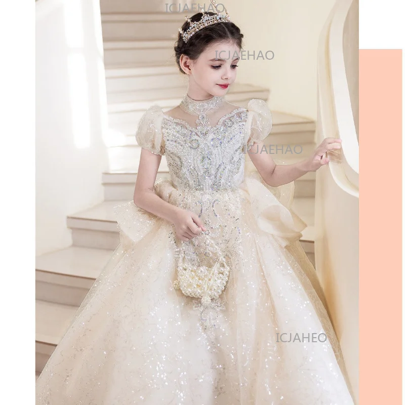 Dress Kids Champagne Elegant Host Birthday Children Girls Formal Long Party Piano Performance Flower Girl Wedding Princess Gown