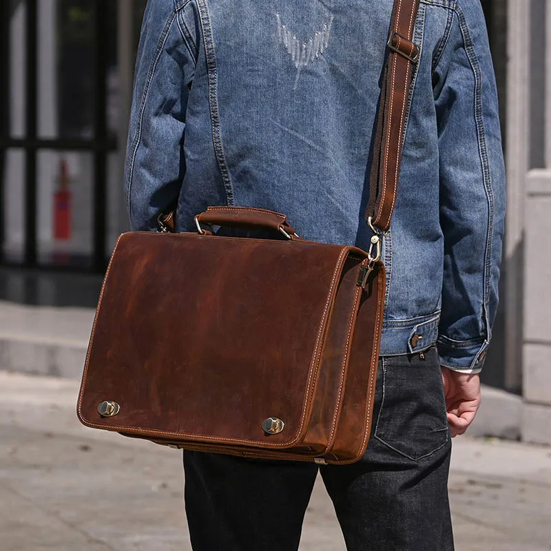 Genuine Leather Men Business Briefcase Cowhide Fit 15" Laptop Bag Cow Leather Messenger Shoulder Bag Compute Bag For Male