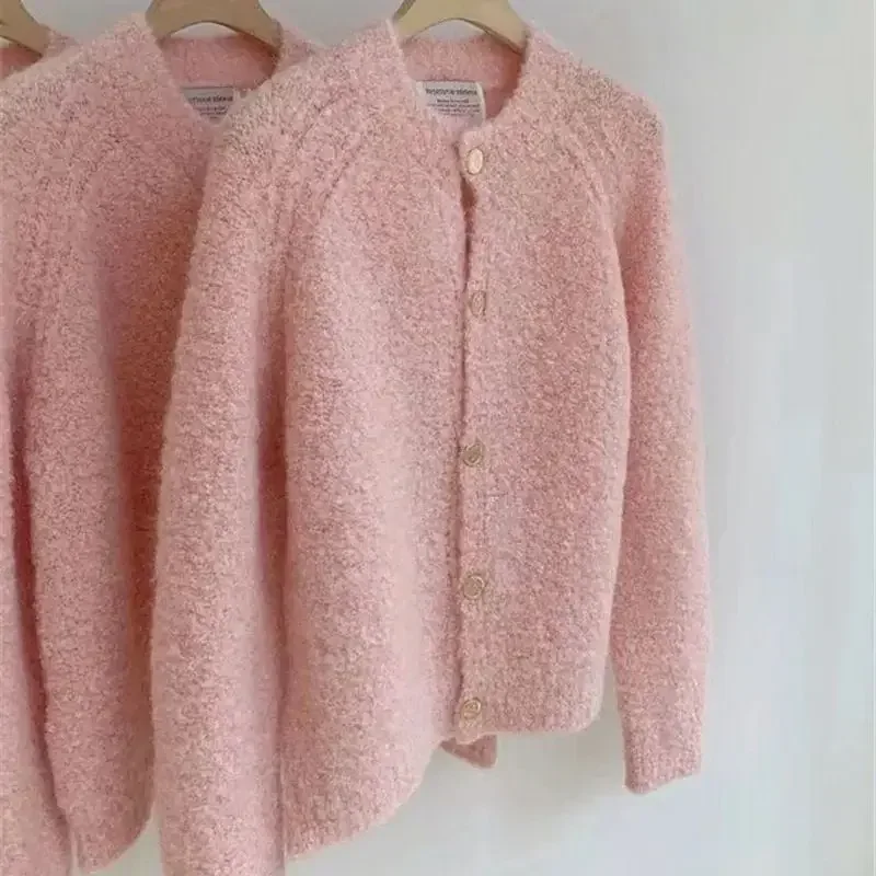 Women Pink Cashmere Sweater Causal Soft Knit Cardigan Autumn Winter High-end O-neck Wool Knitwear Coat Cardigan