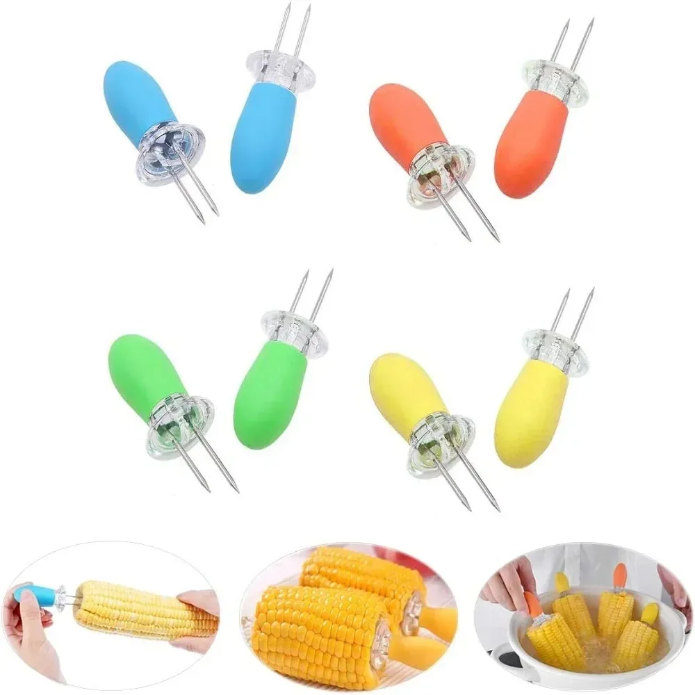 Stainless Steel Corn Forks with Rubber Handle Corn on The Cob Skewers Kitchen Cooking Tools and BBQ Party Utensils Accessories