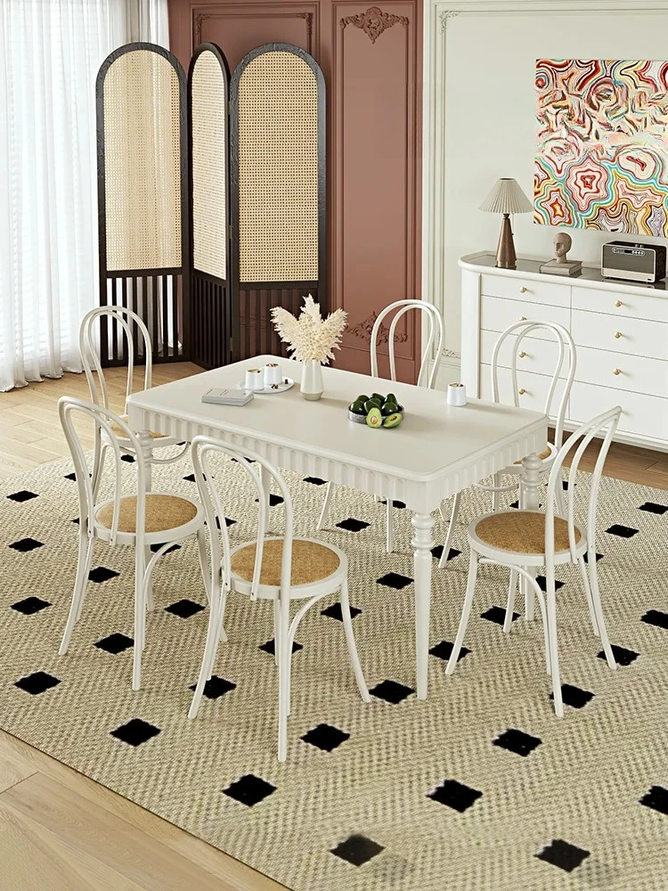 

French Solid Wood Dining Table and Chair Small Apartment Home White Simple Cream Style Rectangular Dining Table