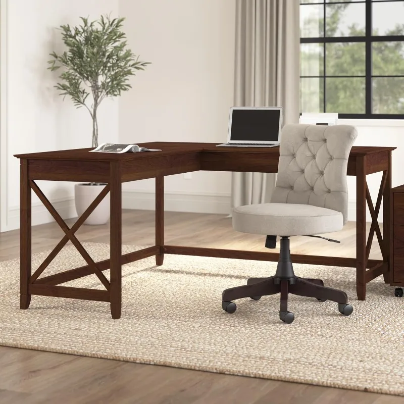 Key West 60W Modern Farmhouse L Shaped Desk in Bing Cherry | 60-Inch Corner Table for Home Office