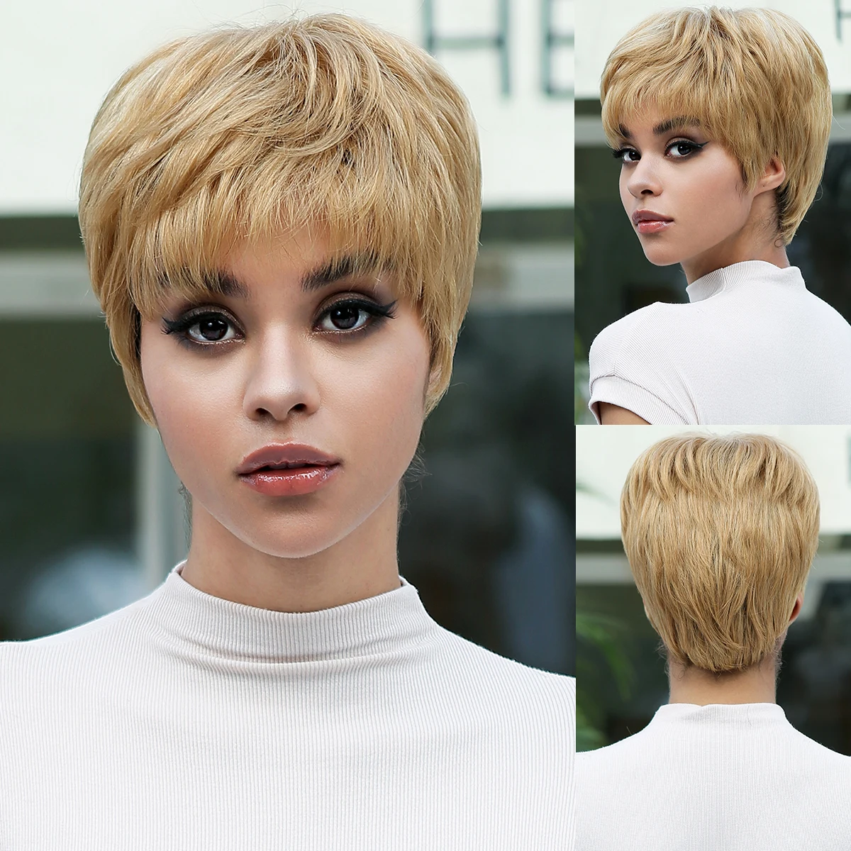 

Short Pixie Cut Human Hair Wig Blonde Layered Remy Human Hair Straight Natural Golden Afro Machine Made Wigs for Women Daily Use