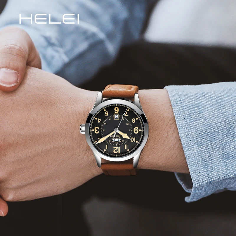 HELEI 2024 New Fashion Leisure Week Date Dial Men's Clock Quartz Movement Male Quartz Watches Men's watches Leather Band Gift