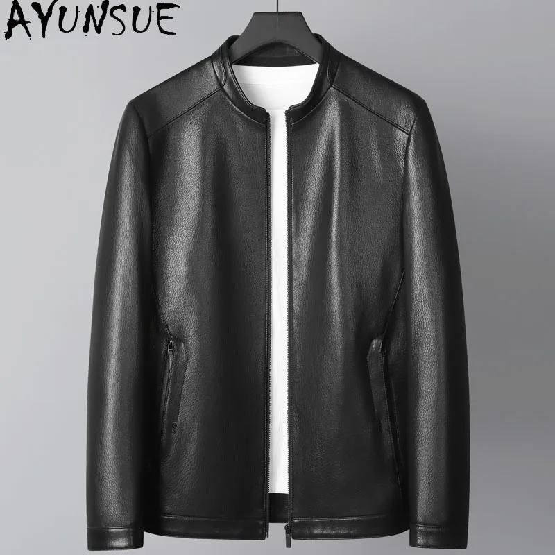 

AYUNSUE Goatskin Real Leather Jacket Men Autumn Mens Clothes Business Causal Coat Trendy 2025 Stand Collar Jaqueta De Couro