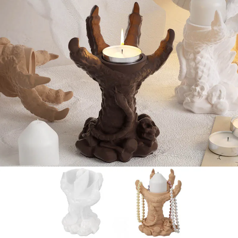 Molde de resina de silicona con garra de dragón, soporte para velas de Halloween, cera, yeso, arcilla polimérica, almacenamiento de joyas DIY