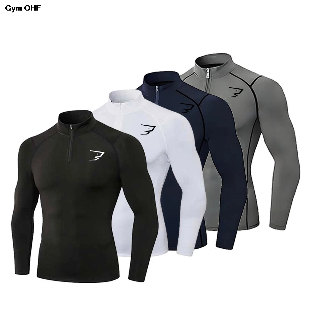 New Compression Shirts Men Running Zipper T-shirts High Neck Gym Clothes Tight Fitness T Shirt Quick Dry Bodybuilding Muscle Top
