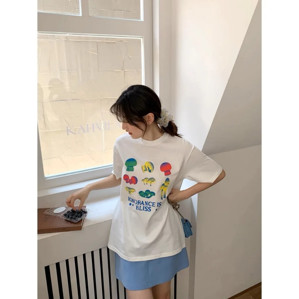 Zomer Katoen Cartoon Print Wit T-shirt Vrouwen 2025, Nieuwe Korte Mouw T-shirt Leuk Ontwerp Gevoel Casual Comfort Top Vrouwelijke kleding