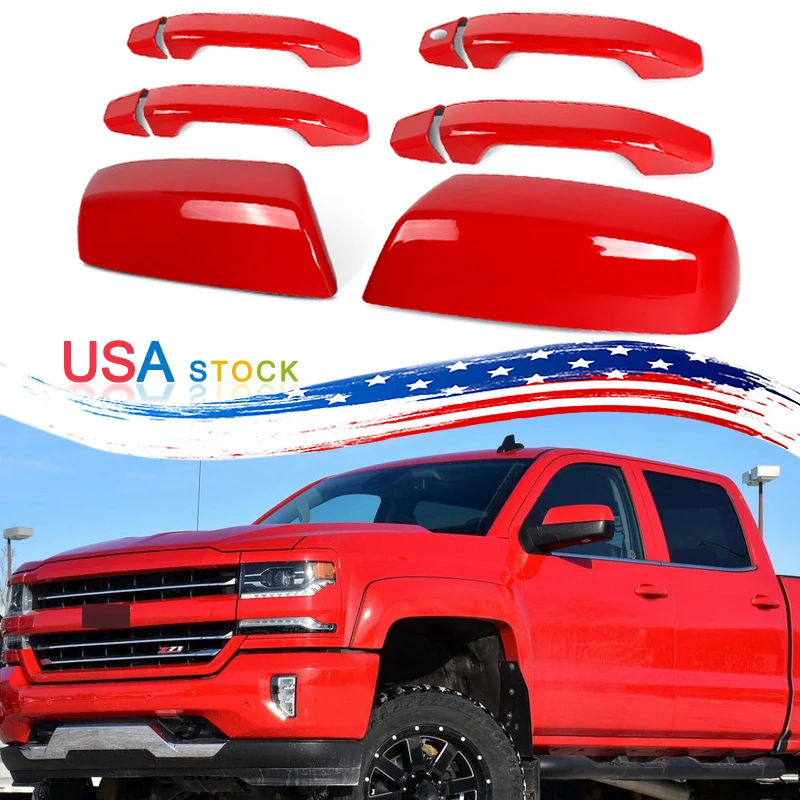 For Chevrolet Silverado 1500 Crew Cab 2014-2018 Red Hot Exterior Side Door Handle Rearview Mirror Cover