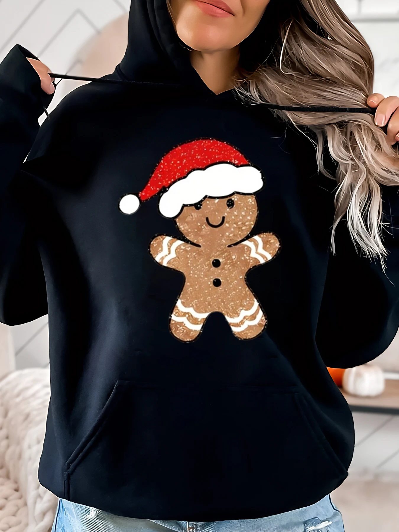 

Рождественская толстовка с принтом пряничного человечка, женская повседневная праздничная одежда, черная, больших размеров