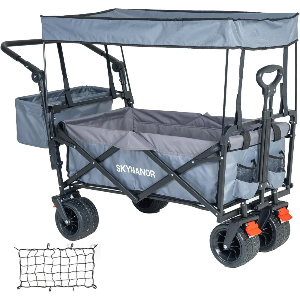 

Collapsible Wagon Folding Garden Cart with Removable Canopy Utility Wagon Cart with All-Terrain Wheels 4 Brake Beach Cart Heavy