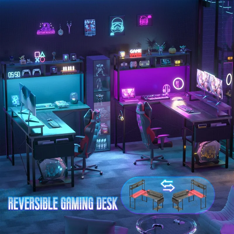 (UUX) L Gaming Power Outlets, 48" L Shaped LED Computer Desk with Monitor Stand & Storage Shelf, Corner Gam UQ