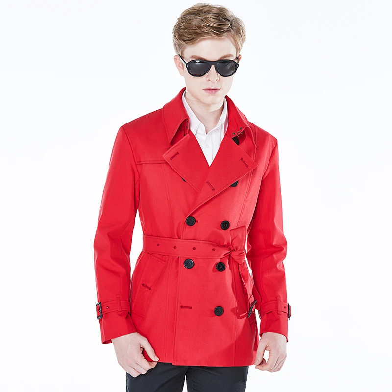 

Short trench coat men's British fashion cotton polyester double breasted red custom windbreaker jacket men