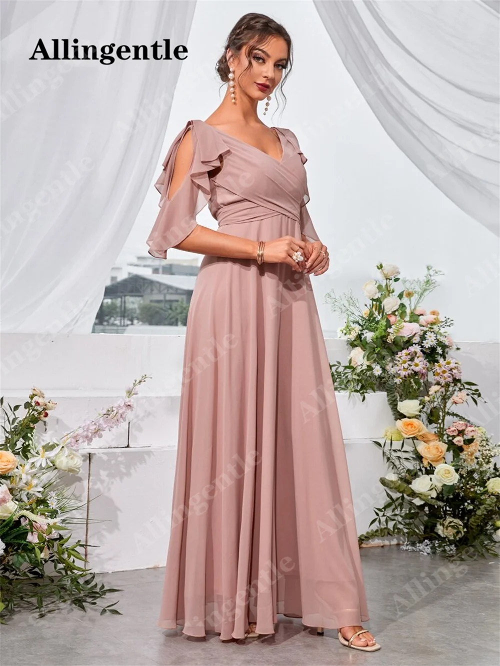 Allingentle Ruffle Trim Cold Shoulder Tie Back Chiffon Maxi Bridesmaid Dress 2024 V-Neck A-Line Floor Length Evening Party Gowns