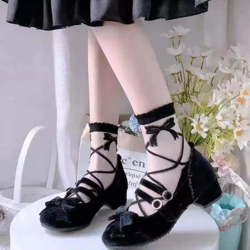 Glass Silk Bowknot Crystal Socks Girls Women Sweet Lolita Summer Thin Transparent Fishing Net Socks JK Skirt Accessories