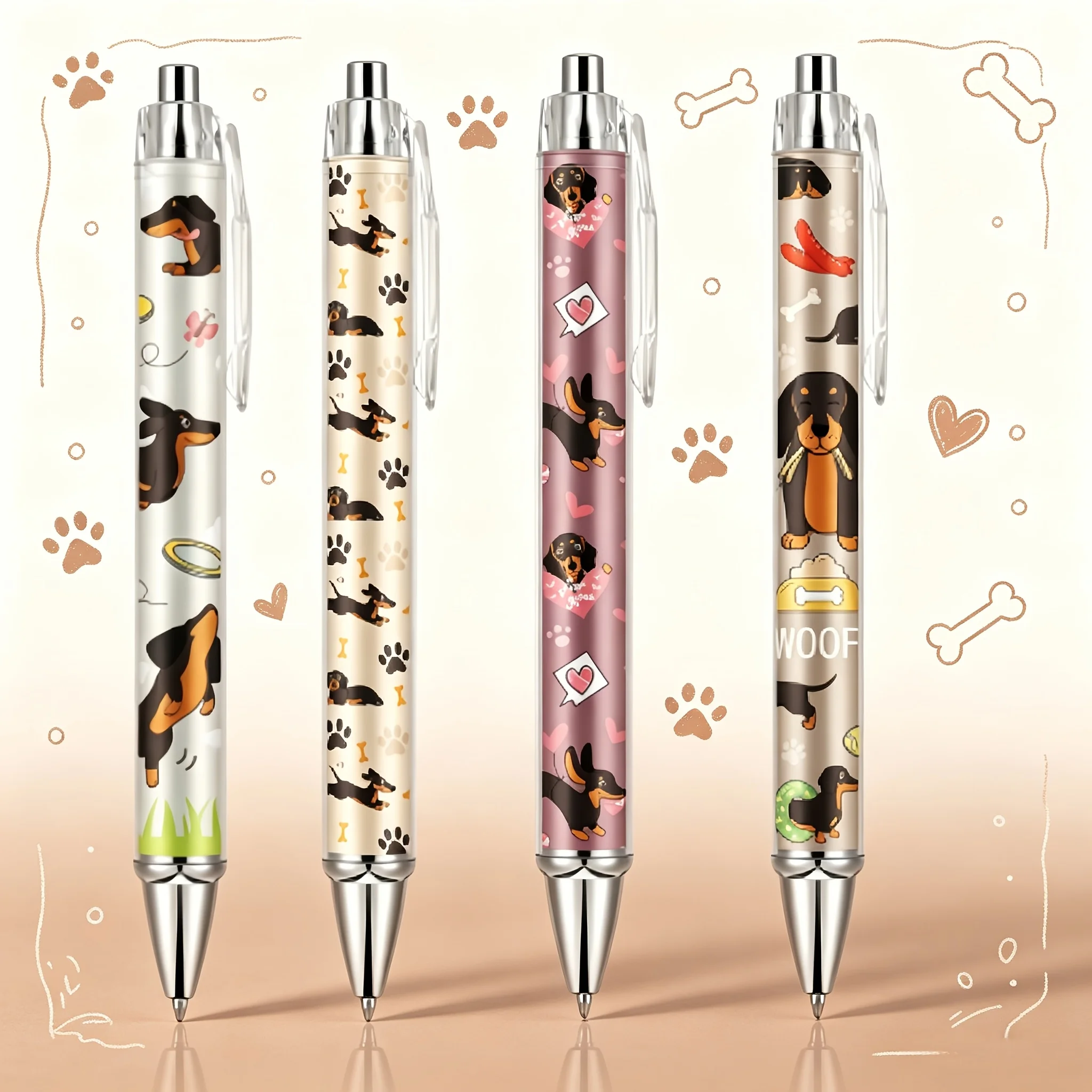 4 Pcs Dachshund Ballpoint Pens, These Black Ink Pens Feature Dachshund Design With Exquisite Details, Cute And Delicate Pens