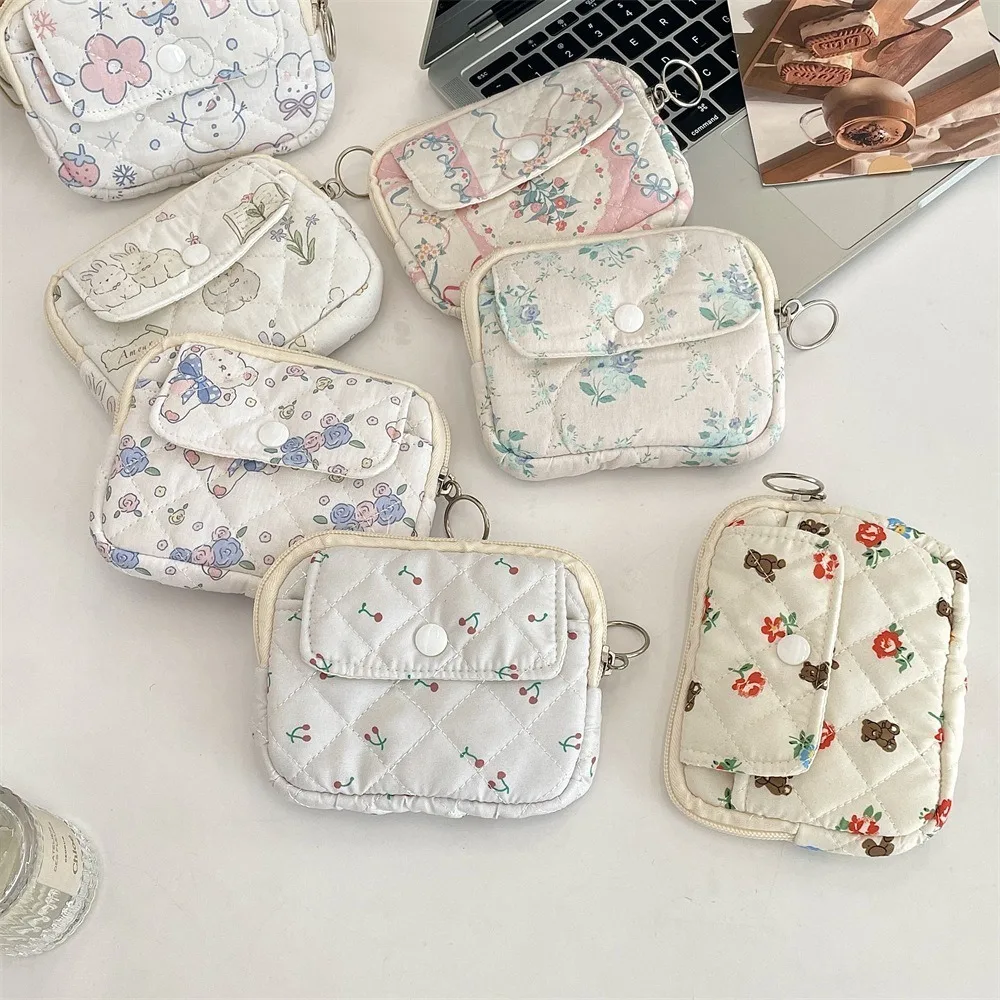 New Portable Cartoon Floral Coin Purse Multifunctional Quilted ID Holder Cute Quilted Storage Bag Key Coin Purse Card Bags