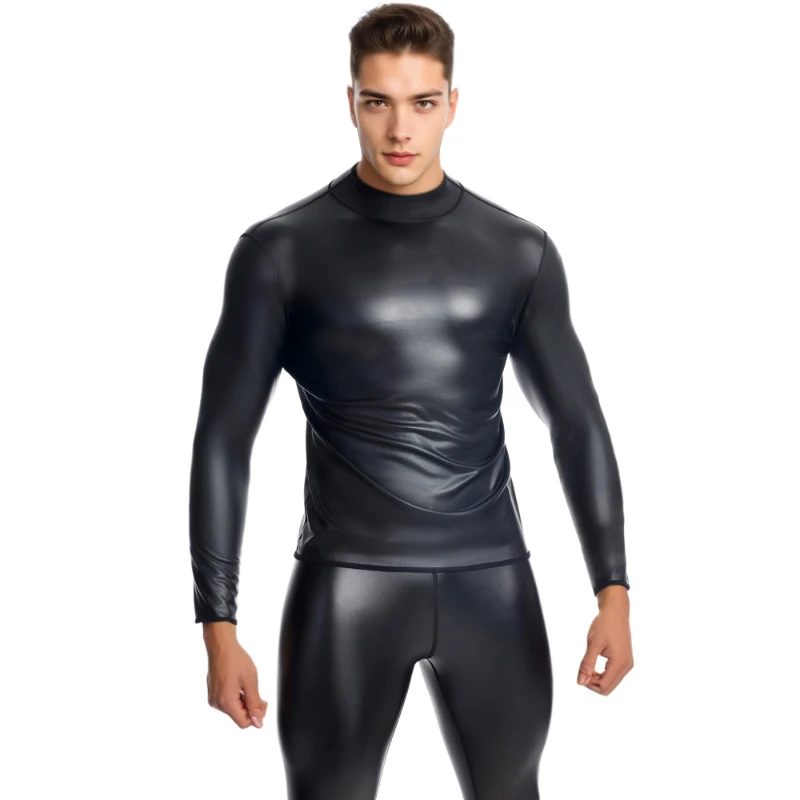 Cool guy New Stand collar Long Sleeve Body Shapers Leather Tshirt Underwear Waist Trainer Corsets Tummy Shapewear Leather Shirts