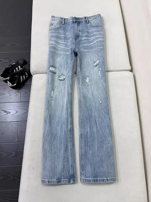 

Blue Cleanfit Lightning Pattern Hole Denim Jeans Men's Large Size Straight Leg Slimming Pants American High Street Micro Flar...