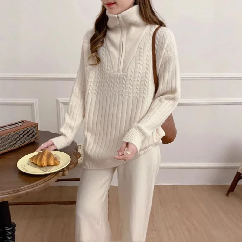 

Twist Half Zipper Lapel Pullover Sweater Women's Two-piece Set 2025 Autumn Winter New Loose Knitted Casual Pants Set TOP FEEL
