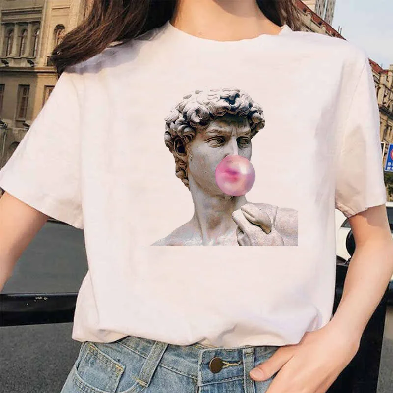 New European and American Michelangelo Painting Pattern Printed Women's Round Neck Short-sleeved Casual T-shirt Tops Pro Choice