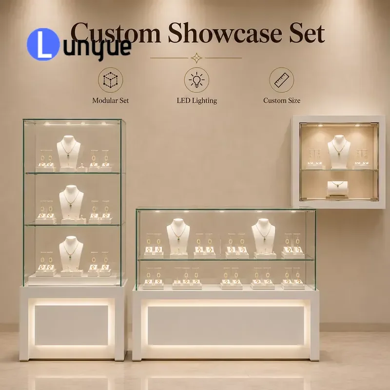 Custom Luxury Glass Jewelry Display Cabinet with LED Lighting Lockable Showcase for Retail Store Home Decor High End