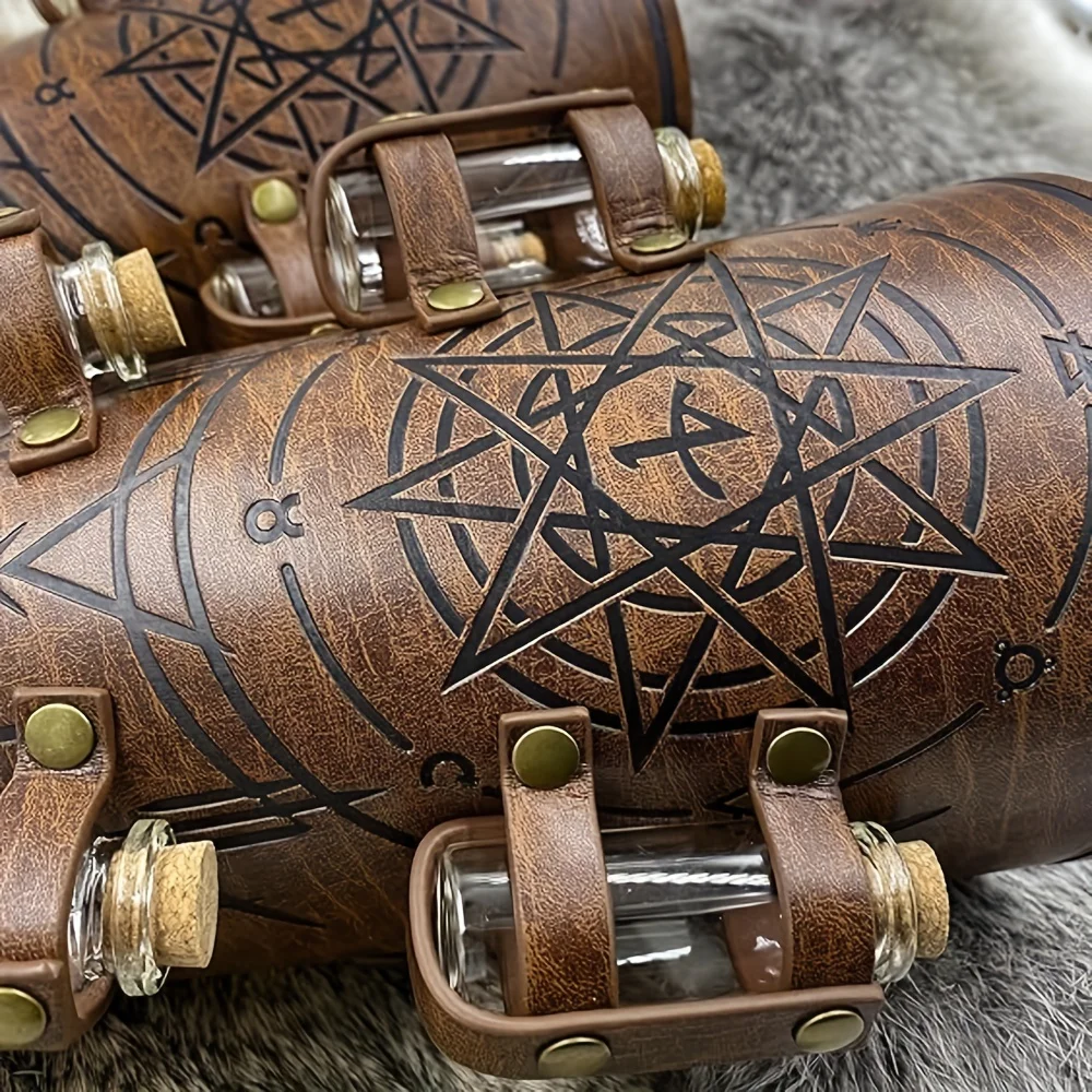 Medieval Embossed Alchemy Bracers, Equipped with 8 Cork Bottles, Fantasy Faux Leather Buckle Arm Guards, Magical Archer Gloves
