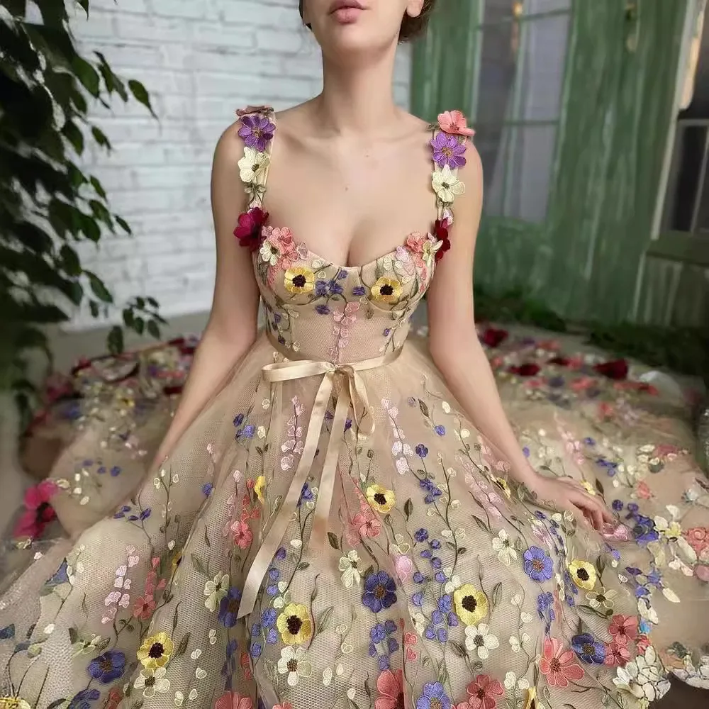 Elegant Evening Dresses For Women 2024 Summer Fashion 3D Flower Embroidery Pastoral Casual Party Dress Saudi Arabia فساتين سهرة