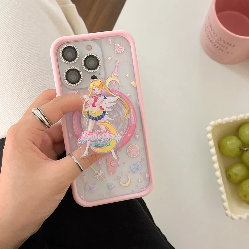 Cute Japan anime Sailor Moon Magnetic Holder Magsafe Wireless Charge Phone Case For iPhone 15 14 13 12 11 Pro Max Hard Cover