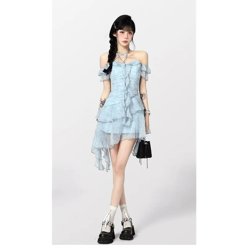 Summer Women Dress Short Sleeve Neck-mounted Holiday Style Korean Fashion Broken Flowers Irregular Chiffon Short Skirt Dress