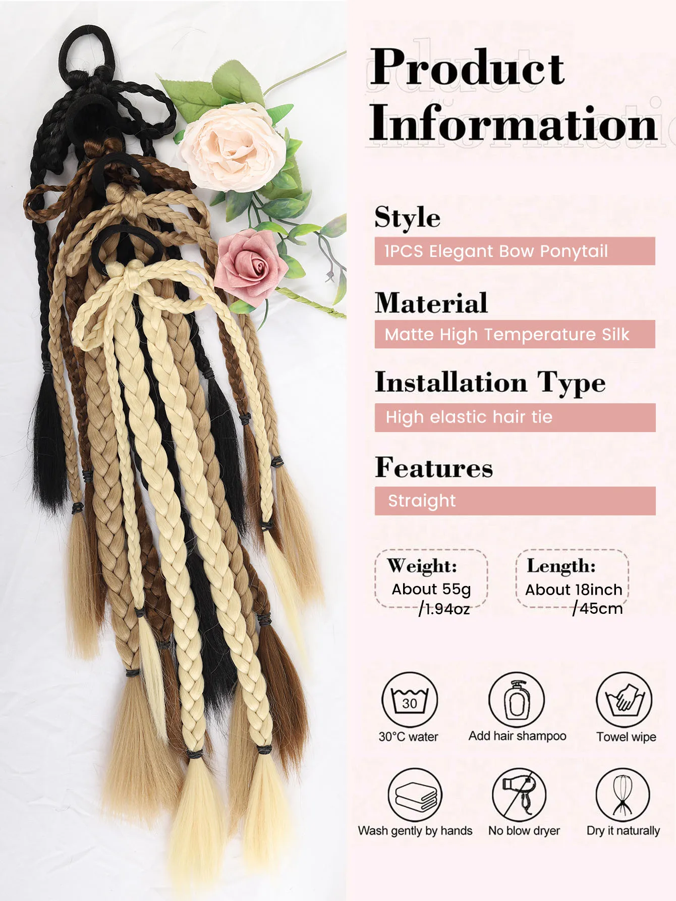 Synthetic 24Inch Long Black Bow Braids Braided Ponytail Hair Extension With Rubber Band Boxing Braids For Women Hair Accessories