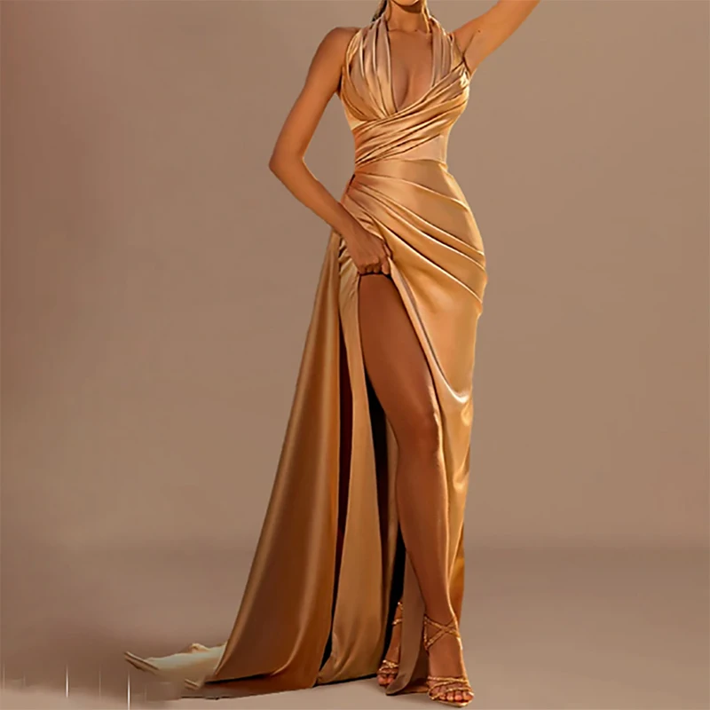 

Champagne V Neck Evening Gown Elegant Halter Prom Dress Pleat Wedding Evening Dress Side Slit Custom robes de soirée ﻿