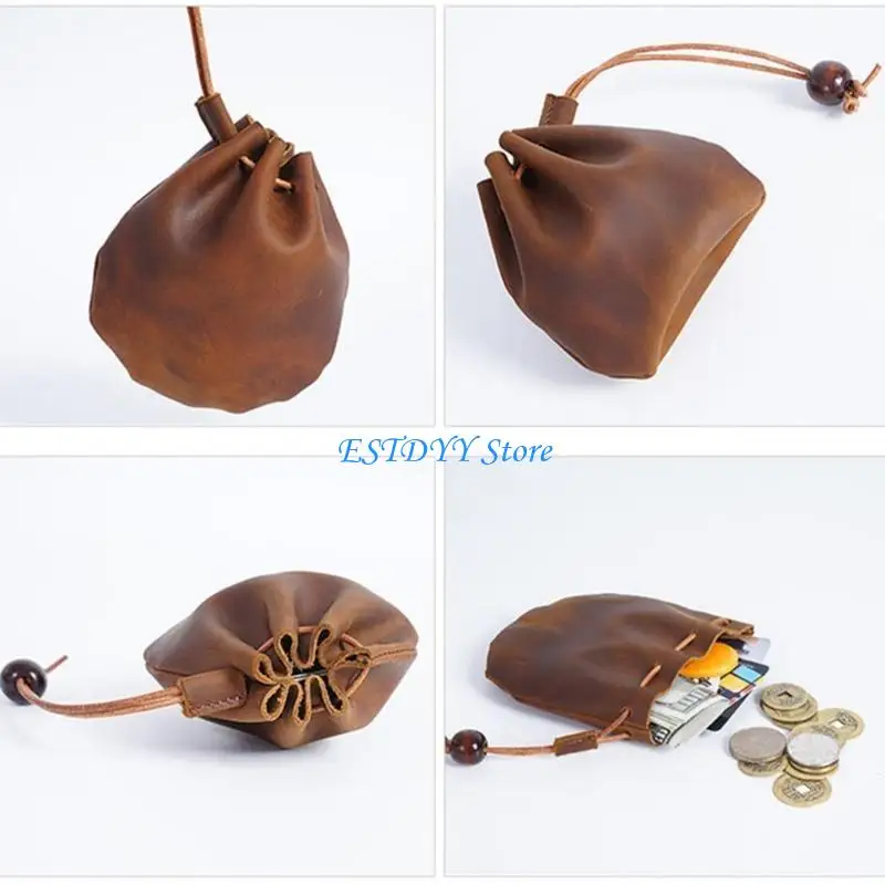 

G6DE Retro Wallet Handmade Coin Bag Cow-Leather Drawstring Coin Purse Storage Bag