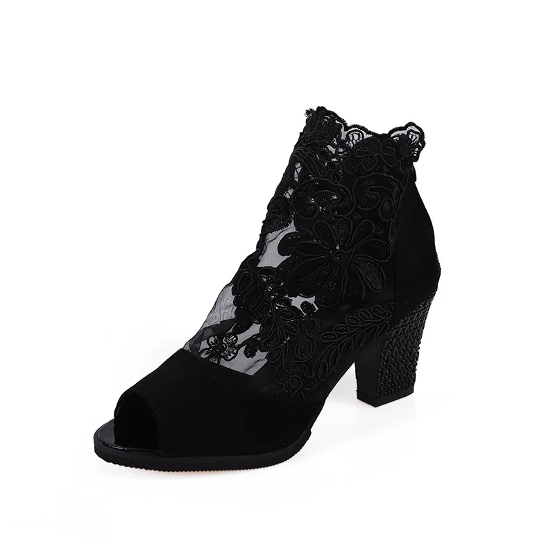 Women High Top Dance Shoes Black Lace Boots Sandals Party Mesh Cutout High Heel Summer Sandalias Platform Boots Goth Boots