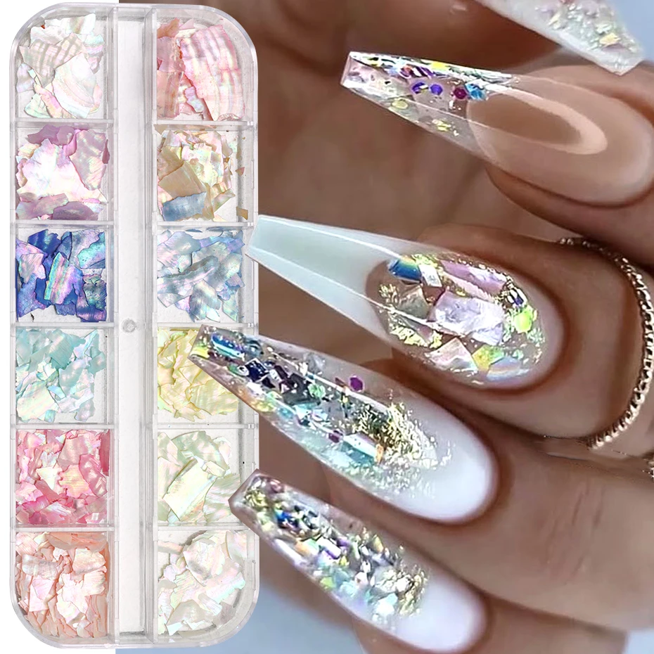 12 Grid Glitter Shiny Abalone Shell Flakes For Nail Art Decoration 3D Charms Sea Shell Slices DIY Manicure Paillette Accessories