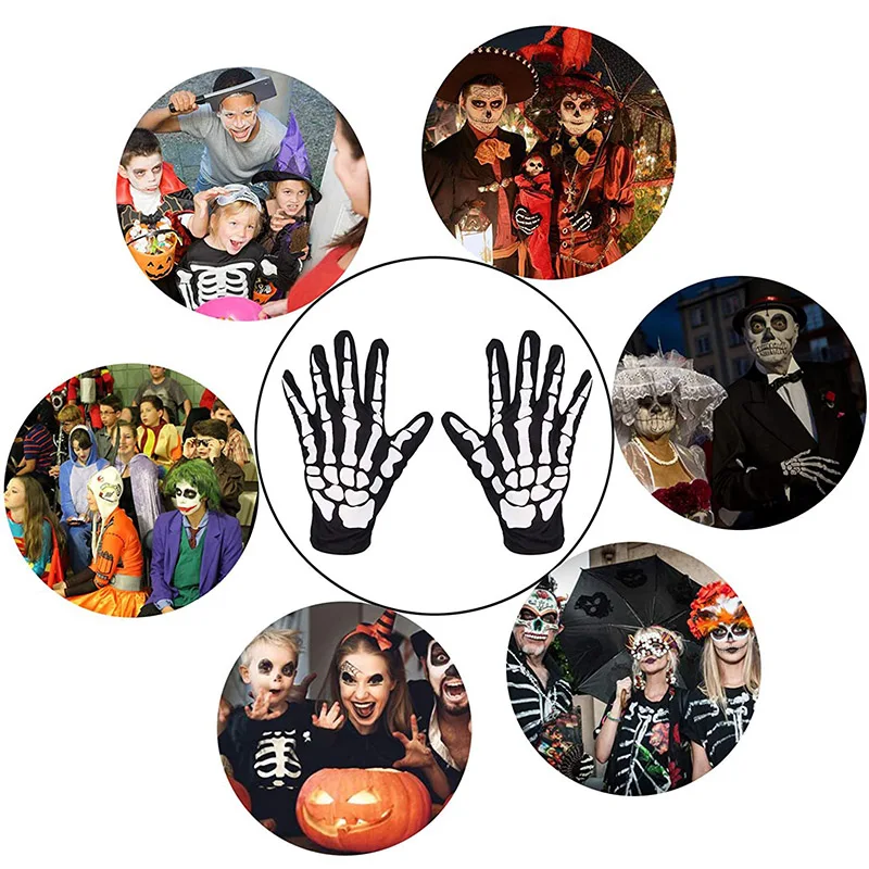 2023 New Unisex Adult Halloween Party Skeleton Skull Full Finger Short Gloves Women Cosplay Goth Punk Mittens Accessories