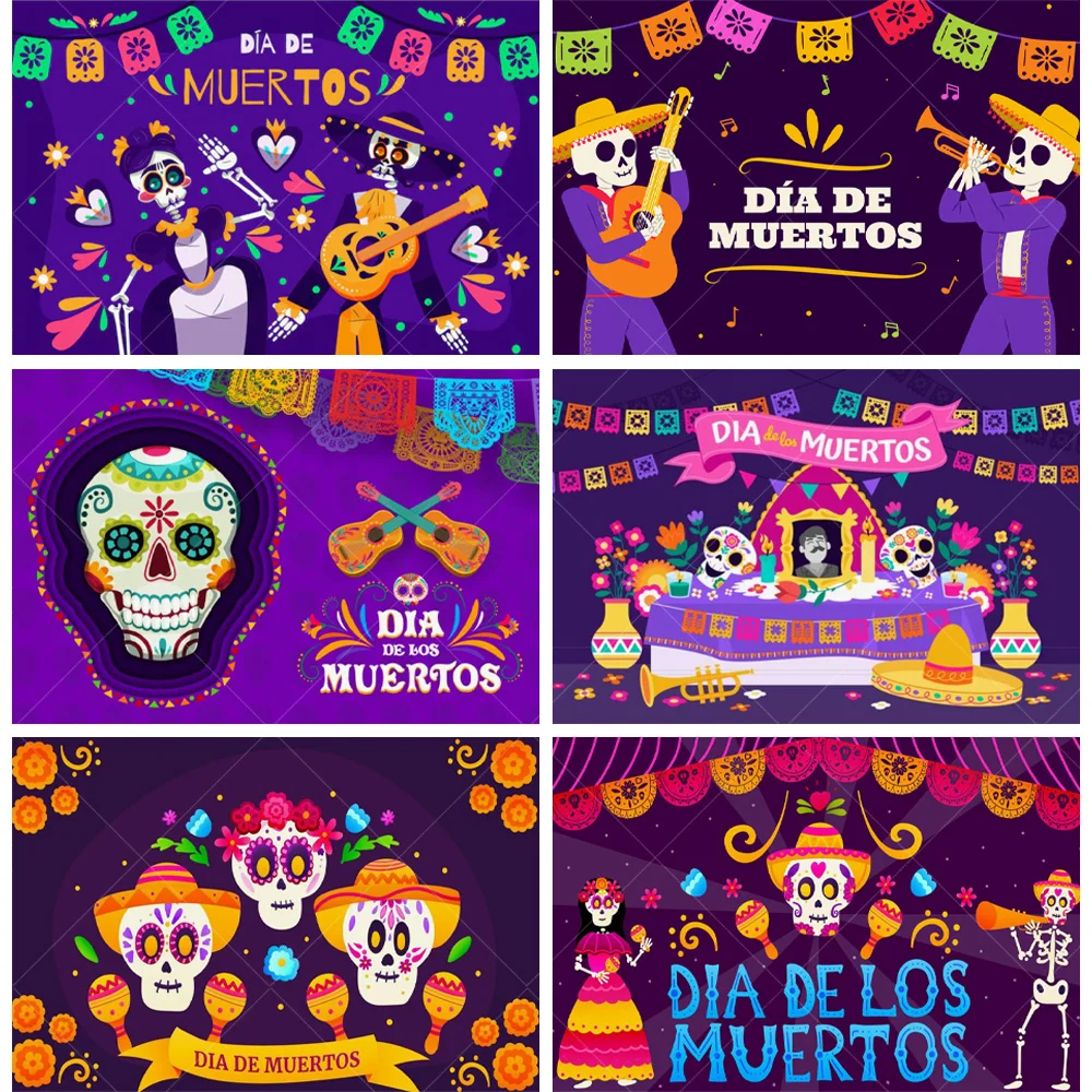 

Mexican Carnival Undead Family Gathering Photography Background Guitar Colorful Skull Marigold Flower Backdrop Decoration photo