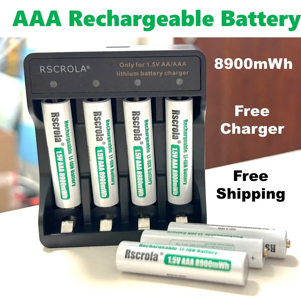 Rechargeable AAA Batteries 8900mWh, Triple A Li-ion Battery with Free Charger, for Remote Controller Toy Doorbell Clock Gamepad