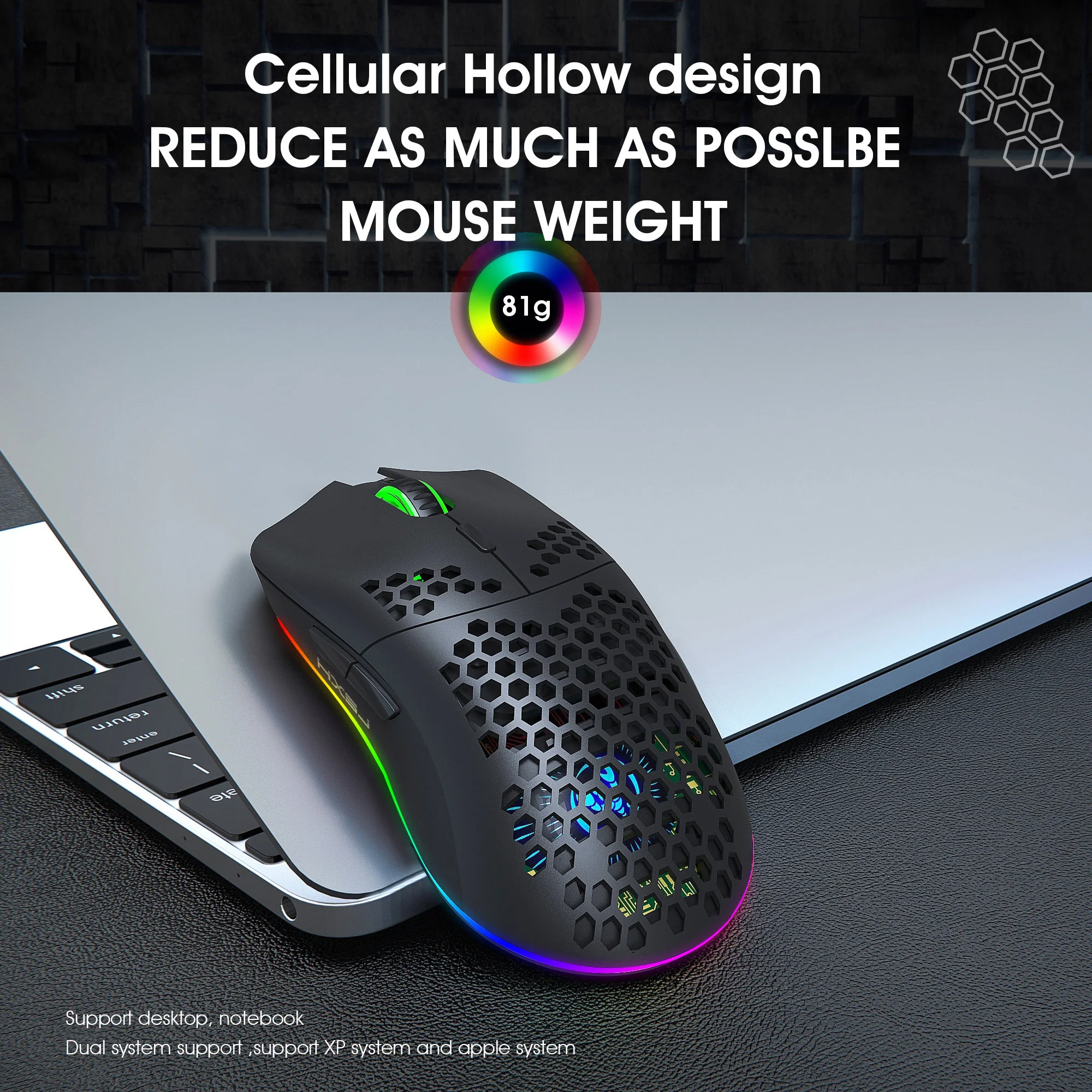 Mouse Nirkabel, Lampu RGB Berbagai Mode Dapat Disesuaikan, Cocok untuk Laptop PC dan Desktop Mouse Gaming Mouse Nirkabel 2.4G